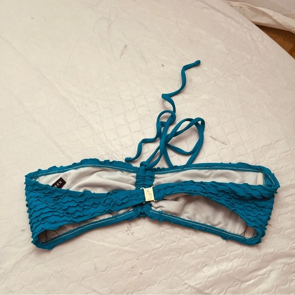 Ralph Lauren teal blue ruffle halter bikini top L